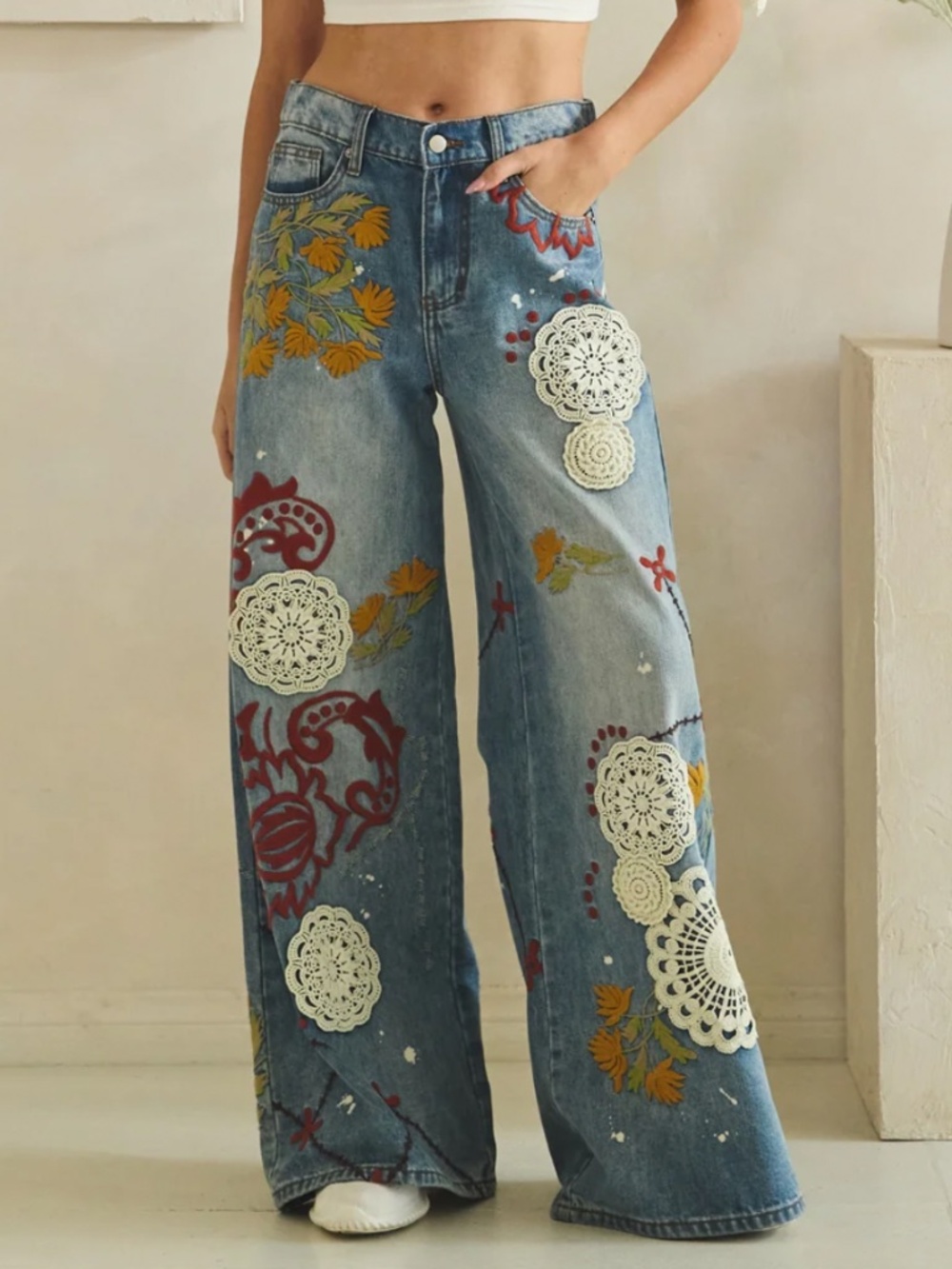 🎉 Oli and Hali “DEE” OLI & Hali WIDE LEG DENIM PANTS WITH EMBROIDERY DETAIL 34 - Picture 4 of 14
